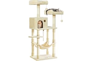 Feandrea Kratzbaum, 143 cm hoch, Katzenbaum mit 11 Kratzsäulen, 2 Plattformen, 1 Katzenhöhle, 1 Hängematte, 2 Plüschbällen, Plüsch, mehrstöckiges Design, beige PCT15BE