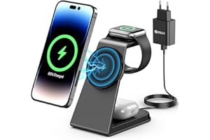 AOWIN Wireless Charger,3 in 1 Magsafe Ladestation 15W Kabelloses Ladegerät Induktive Ladestation für iPhone 15 14 13 12 Pro Max Plus Mini,Apple Watch Ultra/8/7/6/Se/5/4/3/2 und Airpods