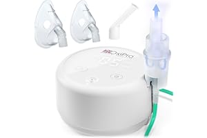 OxiPro NB20 - Nebuliser Machine for Adults & Kids - CE Certified Medical Device for Home Use - Ultra Quiet 45dB Nebulizer - Ultra Fine 5 μm Nebulisation - Masks for Adults & Kids