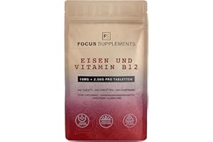 ‎FOCUS FS Eisen mit B12 | Eisen Hochdosiert mit Vitamin B12 | 240 Tabletten – 14mg Iron Supplement & 2,5µg-B12 pro Portion | Eisenbisglycinat | Gentechnik-, gluten, allergenfrei | Hergestellt in GB