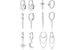 Adramata 6 Pares Aretes Tipo Argolla con Luna y Estrella Evil Eye Huggie Hoop Pendiente Lindo CZ Spike Conjunto de Aretes de Cartílago Colgantes con Cadena con Bisagras para Mujeres y Hombres