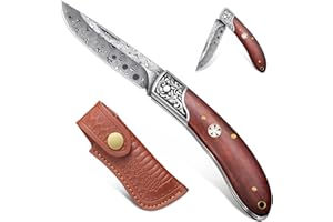 Freelander Couteau pliant Damas, Couteau de poche de survie aiguisé avec étui en cuir, Couteau pliant multifonctionnel pour le camping, la randonnée et la survie (Marron)