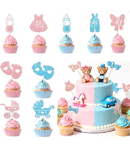 24 Pcs Cupcake Toppers Révélation Du Sexe, Paillettes Onesie