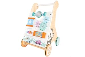 WOOMAX 49320 - Andador bebés madera, carrito de juguetes con actividades de juego y espejo, +12 meses