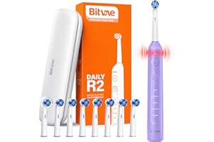 Bitvae R2 Brosse À Dents Électrique Rotative Pour Adultes Avec 8 Têtes De Brosse, Étui De Voyage, 5 Modes, Rechargeable Avec Capteur De Pression, Durée De Vie Jusqu'à 30 Jours, Violet