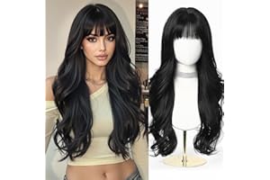 Esmee Long Wavy Black Wigs for Women with Fringe Natural Synthetic Hair Wig for Daily & Party Use