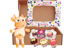 THE PRIME PAW CLUB Dog Birthday Cake Party Present Including Edible Dog Cupcake Trio withPhoto Booth Balloon and Cow Plush Toy
