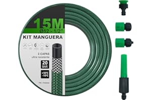 TIBBERS Manguera para Jardín con Adaptadores de Grifo y Boquilla de Riego (15M, Ø12, 1/2''), Color Verde, Ultra Resistente, MAN019