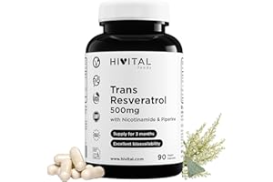 HIVITAL FOODS Trans-Resveratrol 500 mg. 90 gélules végétaliennes pour 3 mois de traitement. Avec Nicotinamide et Pipérine. Extrait Naturel de Fallopia Japonica 98% de Resvératrol Pur. Fabriqué en Europe par HIVITAL