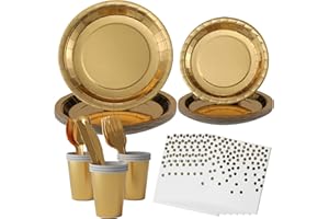 PARTYHAUSY 175Pièces or Party Vaisselle,25 invités Kit Vaisselles Anniversaire Assiette Dîner Papier Tasse Serviette, Enfants Party Fête Mariages Baby Shower Noël