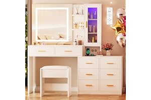 ANWBROAD Toeletta Trucco con Luci e Prese illuminazione Regolabile 3 Colori Moderna Grande Postazione Trucco con Specchio e Sgabello 8 Cassetti 3 Ripiani Aperti, Tavolo da Trucco Bianco BDT77W