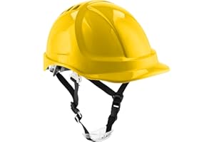 Högert Technik - PLONER kask ochronny, żółty, uniwersalny, kask budowlany | EN 397 | regulowany za pomocą jednego przycisku | otwory wentylacyjne | opaska przeciwpotowa | ochrona przed promieniowaniem