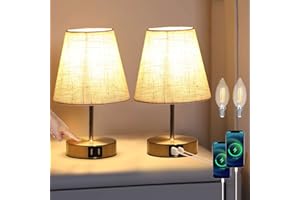 Lightess 2 Pezzi Lampada da Comodino Touch Dimmerabile, Lampada da Tavolo Paralume in Tessuto Beige, Lampadina Bianco Caldo E14 Interruttore Doppia Porta USB Abat Jour da Comodino, Inclusa Lampadina