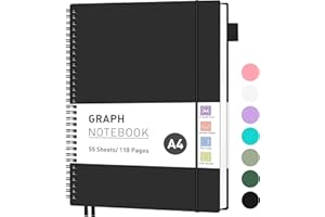 RETTACY Graph Grid Paper Notebook, 110 Pages, A4 Size (21.5 x 28 cm), 5mm per Square, 100 GSM Thick Paper, Flexible Plastic Cover, Spiral-bound, for School, Students, Math, Engineering (Black)