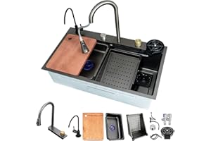 HZKSINNK 68x45cm Fregadero de Cocina de 1 Cubeta, cascada Fregadero de Acero Inoxidable, con Grifo Cocina Extraible, lavadora de vidrio, sifón, rebosadero y desagüe así como otros accesorios