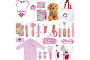 VEFOSAFE Valigetta Dottore Bambini, Kit Dottore Bambino con Giocattolo Per Cani, Borsa Medica, Stetoscopio, Abbigliamento e Altri Accessori Per Giochi di Ruolo Divertenti Per Bambini Dai 3 ai 6 Anni
