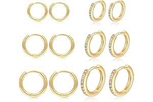 MOROTOLE 6 Paia di Orecchini a Cerchio 14K Placcato Oro Huggie Orecchini a Cerchio in Argento Sterling Piccoli Orecchini a Cerchio Set Piccoli Orecchini di Cartilagine Cubic Zirconia per Donna Uomo