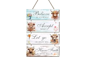 QBEJIME Highland Cow Gifts For Women, 4pcs Wooden Inspirational Sign, Highland Cow Pictures Inspirational Quotes Decor For Bedroom, Farmhouse, Kitchen, Office Wall Art Ornaments (Highland Cow Gifts)