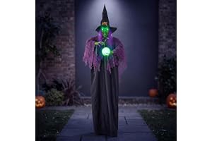 Hängande animerad pratande häxa, dekoration med lysande ögon och ljudaktiveringsfunktion för halloween, hemsökt hus, rekvisit