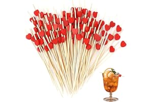 aghoer 100 brochettes à Cocktails pour fêtes - Brochettes en Bois en Forme de cœur Rouge de 12 cm - Idéales pour Muffins, Amuse-Gueules, Cupcakes et décoration de Fruits