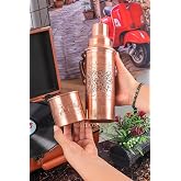 DMT Copper El Yapımı Bakır Su Matarası, 950 ml | Kalay Kaplı İ&ccedil; Y&uuml;zey, El Oyması Desen, Gaziantep &Uuml;retimi, Bardaklı Set, 9.8 
