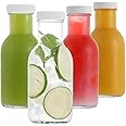 LIMILI Glass Juice Bottles with Lids, 4 pack 250ml Reusable Glass Bottles with Lids, Dairy Drinking Bottles Clear Glass Bottles Glass Drinking Bottles for Homemade Beverages Picnics Travel School