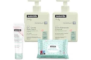 Suavinex, Pack Cosmética Bebé con Gel Champú Suave 500 ml + Crema Hidratante 500 ml + Pomada Pañal 50 ml + Toallitas 25 uds. Apto Pieles Sensibles, Recién Nacidos, 93-95% Ingredientes Origen Natural