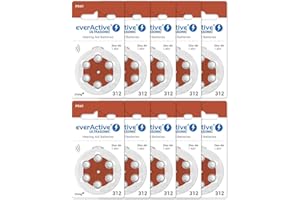 everActive 312, 60 Stück, Hörgerätebatterien, hohe Leistung, Zink-Luft-Batterien, 10 Blisterkarten, 4-jährige Haltbarkeit, braun, Ultrasonic PR41