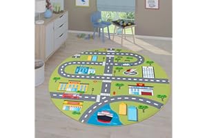 TT HOME Tapis De Jeu Chambre Enfant Garcon Fille Voitures Rue Antidérapant Modern, Couleur:Vert 2, Dimension:160 cm Rund