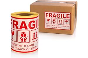 ‎MDLABELS MD Labels Etykiety ostrzegawcze na rolce 90 x 150 mm - 100 sztuk- FRAGILE- Handle with care – Keep dry – Don't stack or drop- This way up - samoprzylepne etykiety wysyłkowe