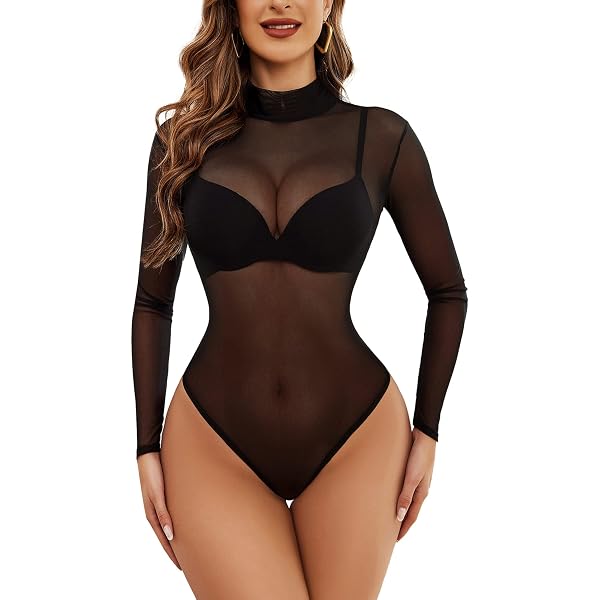 Body Transparent Femme Manches Longues | Sous-veste Voile | Polyamide élasthanne | Taille S-M L-XL