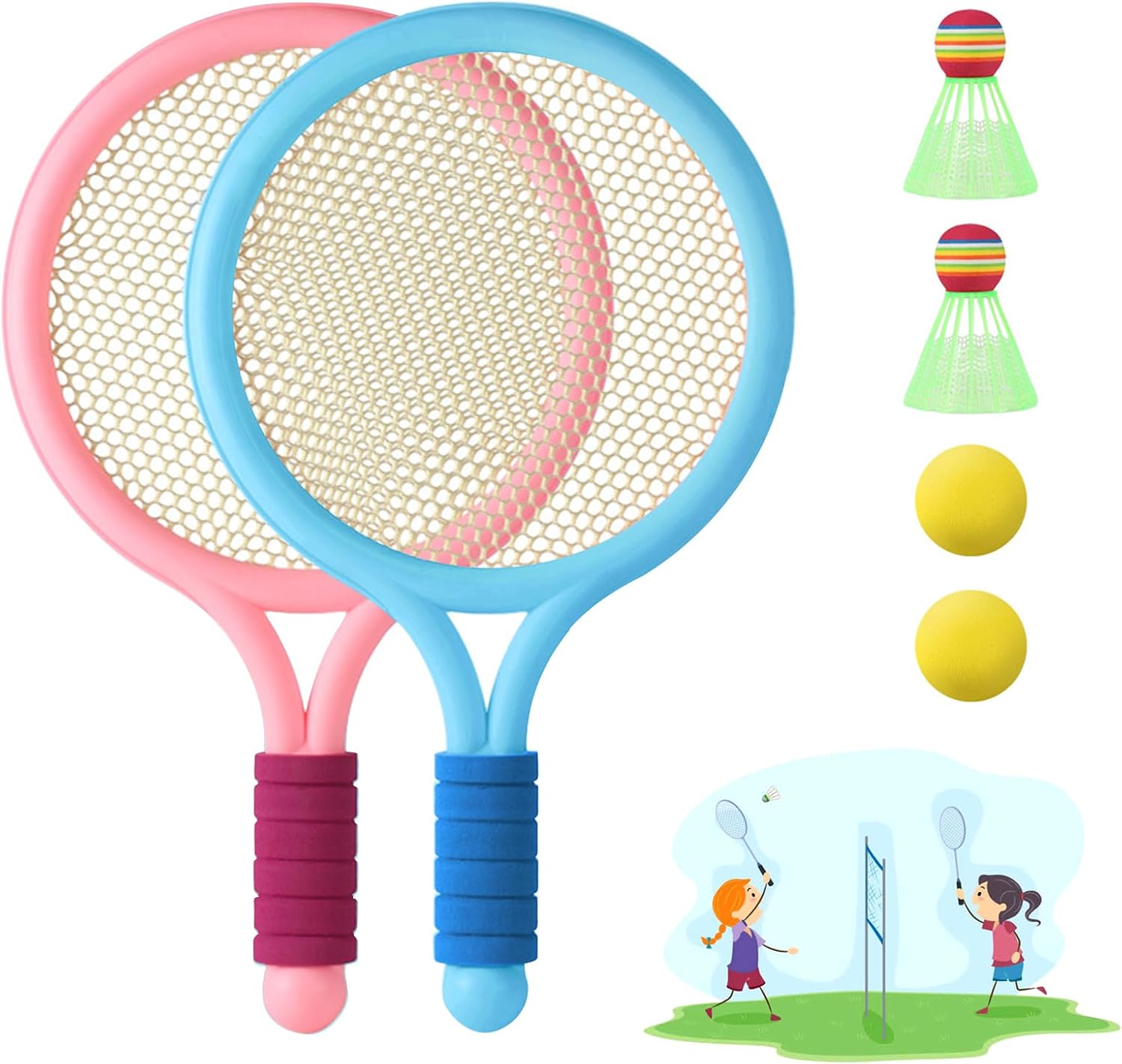 JurciCa Rraquetas Badminton Set Completo Raqueta Tenis niño 2pcs Raquetas Badminton Niños+2pcs Bádminton+2pcs Tenis Gift Set for Kids Outdoor Indoor Sport