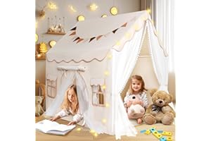 Herenear Tente Enfant Interieur, Cabane Enfant avec 2 Entrées, Lumières et Drapeaux, Tapis de Sol Tente de Lit, Jeux Cadeau pour Filles Garçons 120x100x127 CM
