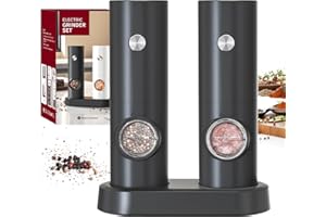 CIRCLE JOY Salz und Pfeffermühlen Elektrische 2er Set Batteriebetriebenen Gewürzmühle mit Basis, Weißem LED-Licht und Einstellbarer Grobheit, Schwarz