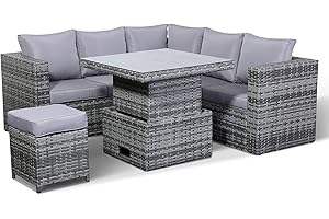 Club Rattan Rose Range Small Dining Corner Sofa Set with Rising Table In Grey, Rattan Garden Furniture