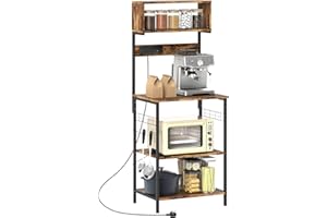 HOMCOM Bakers Rack with Power Outlet, USB Charger, Microwave Stand with Adjustable Shelves, 5 Hooks for Small Spaces, Kitchen Storage Unit for Spices, Pots and Pans, Rustic Brown