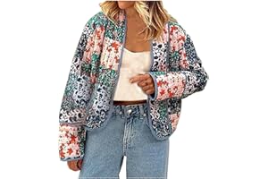 FUNALOE Cropped Quilted Jacket Womens Ethnic Style Floral Stand Up Collar Puffer Jacket Dual Purpose Sleeve Women Coat Color Contrast Design Loose Winter Warm Print Cardigan Lightweight Padded Ladies Outwear