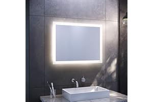 ‎SONNI SONNI Badspiegel mit LED-Beleuchtung 80×60 cm Warmweiß Wandschalter Badezimmerspiegel Wandspiegel IP44