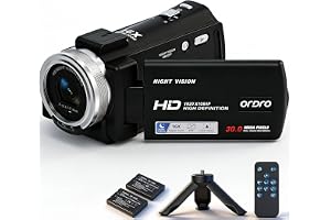 Produktabbildung: ORDRO V12 Videokamera 1080P Camcorder mit Stativ | IR Nachtsicht, 16X Zoom Digitalkamera, Mini-Stativ, Fernbed