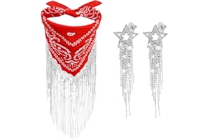 XEPST Fringe Bandana Sparkly Sequin Fringe Bandanas Disco Cowgirl Bachelorette Bandana for Women Girls with Women’s Tassel Star Earrings
