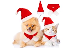 Reofrey Costume de Noël pour Animaux de Compagnie Ensemble Bonnet et écharpe Rouge, Chiot Chaton Accessoires de vêtements réglables pour Animaux de Compagnie pour la fête de Noël (2 pièces) -S