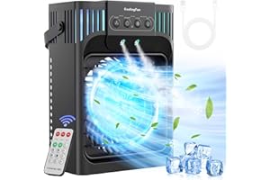 FethFire Mobile Klimaanlage mit Fernbedienung,1200 ML Mini Luftkühler mit 3 Luftgeschwindigkeiten & 3 Kühlnebel, 2-8H Timer & 7 LED,Leise Kleine Klimaanlage für Zimmer und Büro(10W)