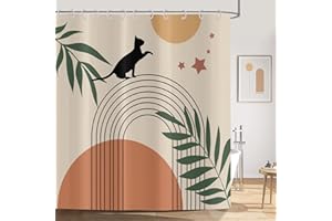 ASDCXZ Duschvorhang 180x180 cm Boho Style, Mid Century Abstrakt Kunst Boho Katze Blätter Beige Bad Waschbar Duschvorhänge Polyester Textil Wasserdicht Duschvorhang für Badewanne mit 12 Haken
