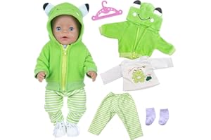 Xerteam 5 Pcs Kleidung für Baby Puppen 36-43 cm, Frosch Puppenkleidung Enthält 1 Grün Kappenjacke 1 Top 1 Streifenförmige Hosen 1 Paar Socken 1 Kleiderständer, Niedliche Tierdrucke Puppensachen