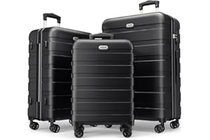 AnyZip AZ201 Kofferset Hartschale Trolley Set 3er Reisekoffer Leichtgewicht PC ABS Handgepäck mit TSA-Schloss und 4 Rollen(Schwarz,Set)