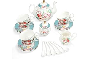 fanquare 15 Piece Porcelain Tea Set Service, Colorful Flowers Afternoon Tea Set, Rose Coffee Set with Teapot Cup and Saucer