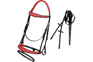 EXIONPRO Exion Bride anglaise en cuir de veau souple rembourré pour cheval avec rênes en caoutchouc Rouge