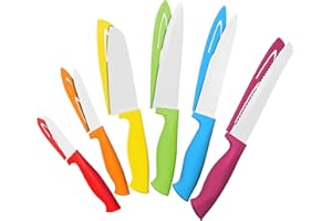 COOLER KITCHEN Set di coltelli lavabili in lavastoviglie da 12 pezzi - 6 coltelli da cucina in acciaio Rainbow con 6 foderi Set di coltelli colorati con pane, affettatrice, coltelli Santoku, multiuso e spelucchino