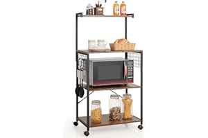 COSTWAY Kitchen Baker’s Rack, Microwave Oven Stand Organizer with Hooks and Lockable Wheels, Free Standing Utility Storage Shelf for Dining Living Room