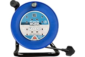 Masterplug Four Socket, 25 Metre Open Cable Reel, Medium Extension Lead Reel, Wind-Up Power Retractable Cord Reel, Heavy Duty, Thermal Cut Out, Work Power, Blue/Black, 13A, 4G, 25m, LDCC2513/4BL